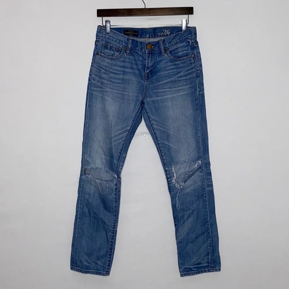 J. Crew Slim Broken In Boyfriend Jeans Busted Knees, Medium Wash - Size 26 - Picture 1 of 8